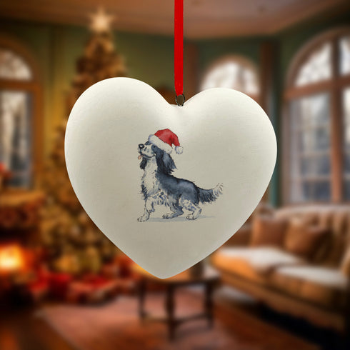 Sprocker Black & White in Santa Hat Christmas Heart Bauble